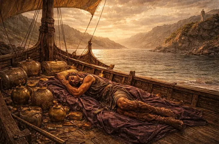 Phaiaklar tarafından gizlice İthaka’ya taşınan Odysseus’un gemide derin bir uykuya dalmış halini betimleyen mitolojik sahne; sakin deniz, armağanlar ve kıyıya yaklaşan gemi görülüyor.